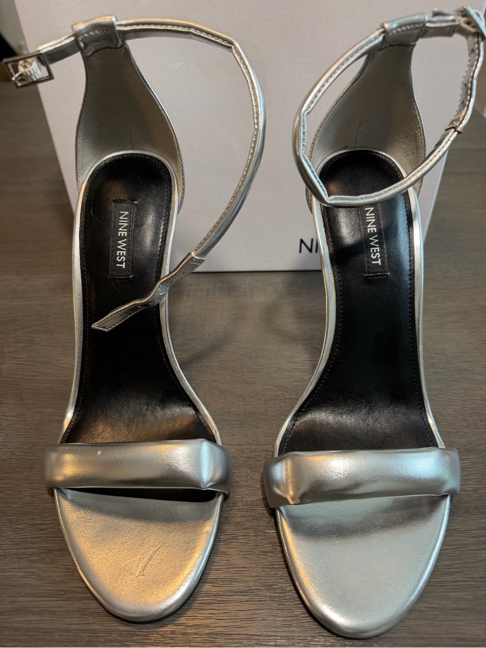 Nine West Silver Metallic Ankle Strap Stiletto Heels Women’s Size 9